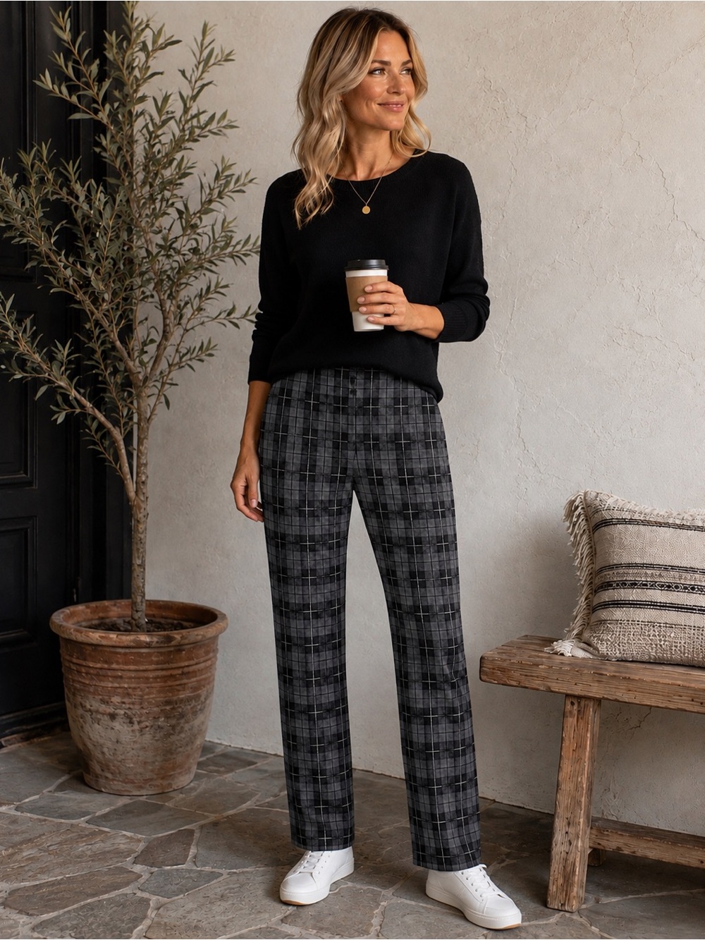 Isaac Mizrahi Live! Black and Gray Plaid Pants 24/7 Stretch Pull-On Sz 10  Chic